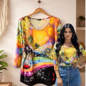 🛍️ Valentina Colorful Abstract rhinestone guitar music Top size medium